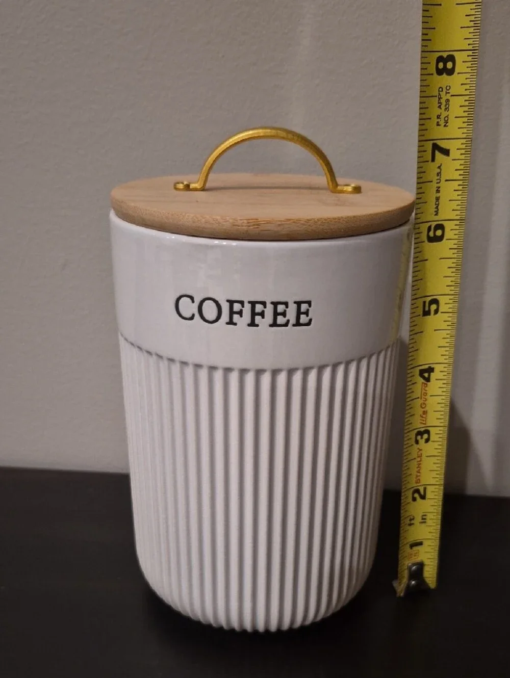 White Ceramic Kitchen Canister Set with Bamboo Lids and Gold Handles - 4 Piece